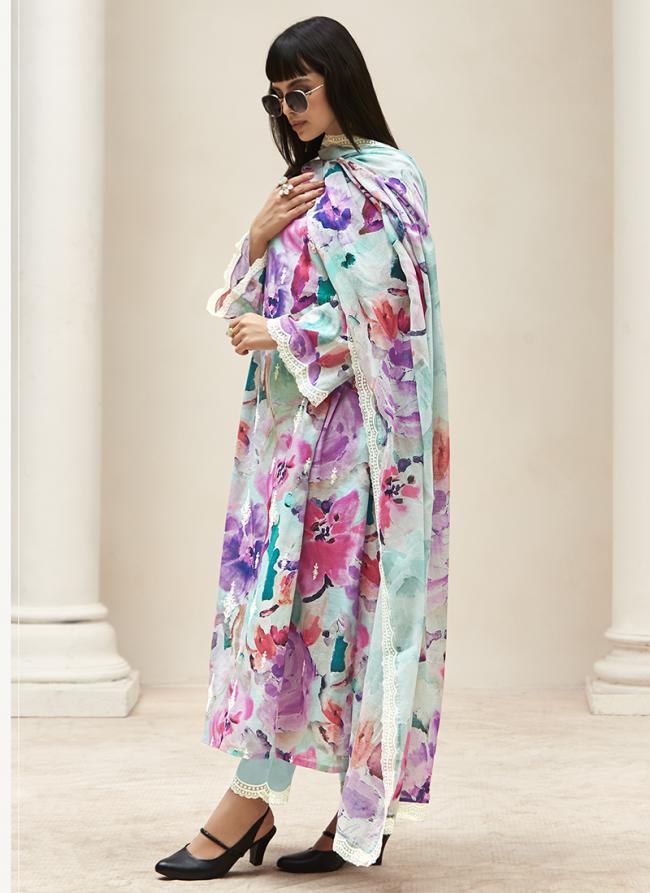 Pure Linen Sea Green Party Wear Digital Printed Salwar Suit